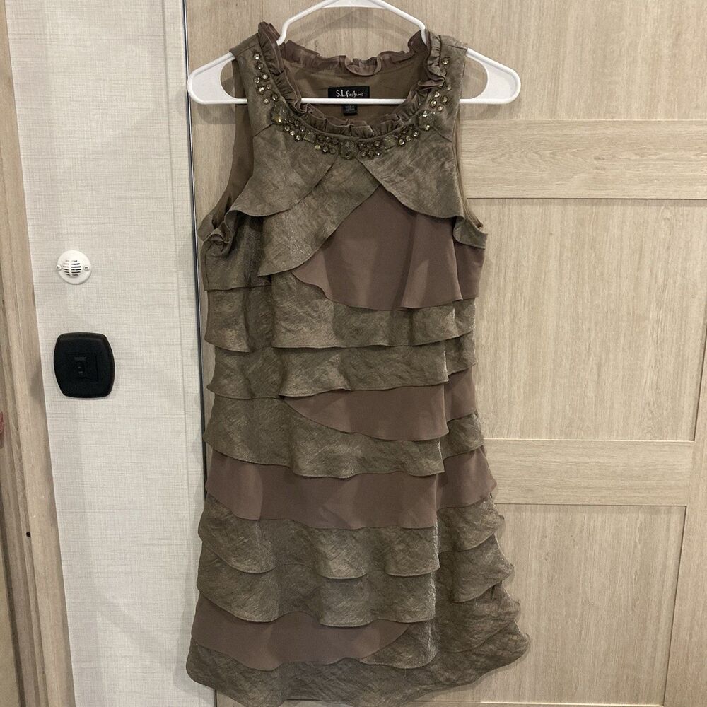 Y2K Fairy Tiered Ruffle Dress 12 Jeweled Neck Sleeveless Forest Whimsigoth Brown